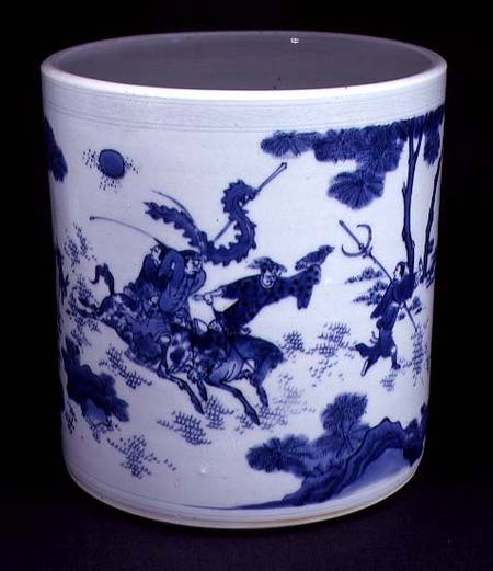 Blue and White Brushpot, painted with horsemen, Chinese,Transitional period a Anonimo