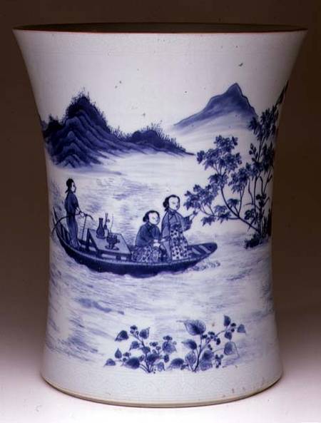 Blue and White Brushpot, painted with ladies in a punt, Chinese,Transitional period a Anonimo