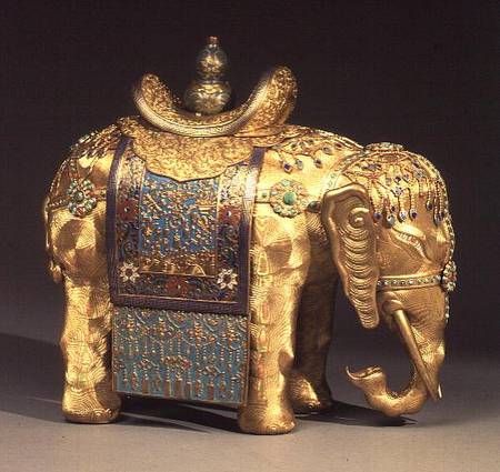 Chinese gilt-bronze figure of an elephant, with enamel trappings and coral and turquoise cabochons, a Anonimo