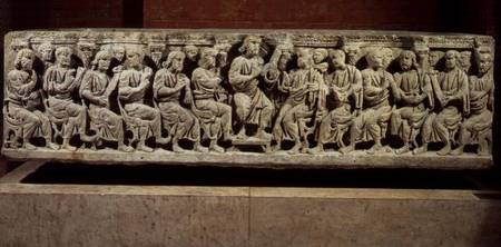 Christ seated and teaching surrounded by the Apostles, marble christian sarcophagus, acquired from t a Anonimo