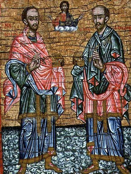 St. Cosmas and St. Damian, patron saints of doctors,Cretan icon a Anonimo