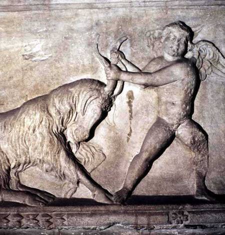 Detail from a Greek sarcophagus from Lydia depicting a putto wrestling with a goat a Anonimo