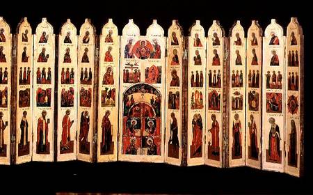 Fifteen-section icon screen with scenes from the Life of Christ and Saints a Anonimo