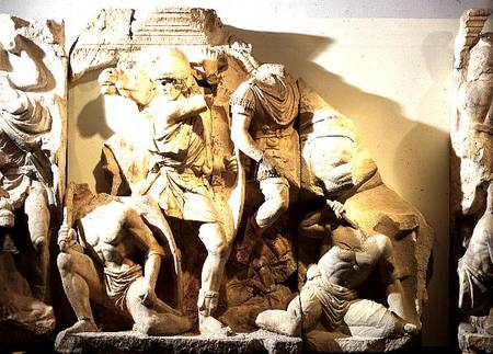 Frieze detail of a battle scenewith Roman footsoldiers and cavalry from Ephesus a Anonimo