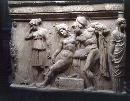 Greek Sarcophagus with a Scene showing the Battle of the Amazons a Anonimo
