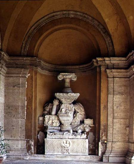 The inner courtyard detail of a niche displaying a collection of fragmentary antique sculpture a Anonimo