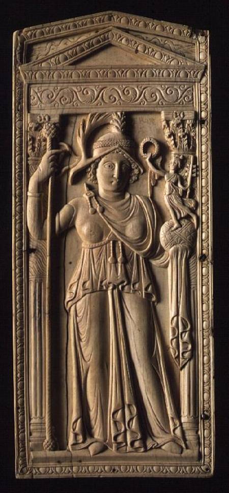 Ivory relief tablet depicting a helmeted Roman goddess holding a sceptre in her right handan orb wit a Anonimo