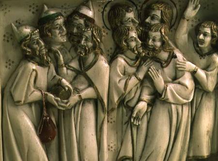 Judas receiving thirty pieces of silver, detail of ivory diptych,French a Anonimo