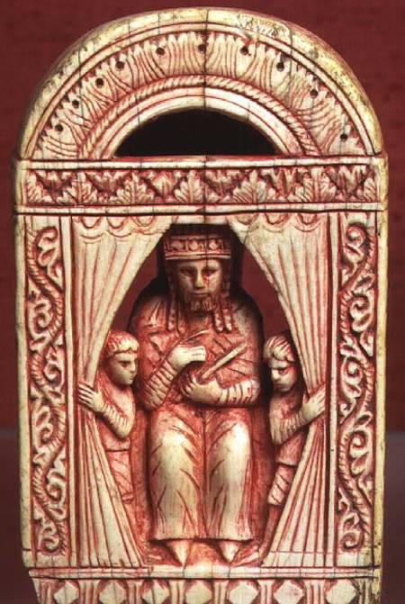 King chess piece, showing an enthroned figure in a curtained alcove with two attendants,Italian a Anonimo