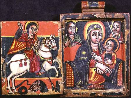 Madonna and child and St.George and the Dragon, double sided diptych (obverse),Ethiopian Coptic icon a Anonimo