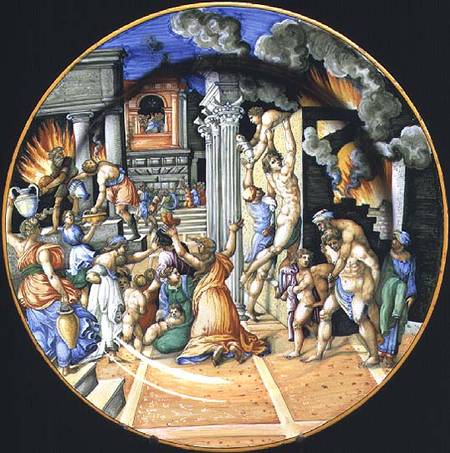 Maiolica plate depicting the burning of Troy with Aeneas carrying his father Anchises on his back wi a Anonimo