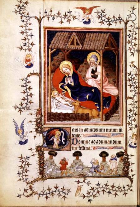 Nouv Lat 3093 f.42 Nativity and Visitation of the shepherds from Duc de Berry's Tres Belle Heures a Anonimo