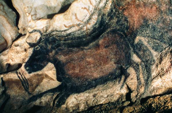 Rock painting of a black bull a Anonimo