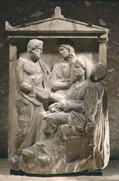 Phainippos and Mnesarete gravestone showing family reunion and hand-shake, Classical Greek a Anonimo