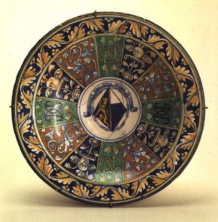 Plate, with conjugal coat of arms of a widow, from the workshop of Antoine Sigalon (1524-90),Nimes a Anonimo