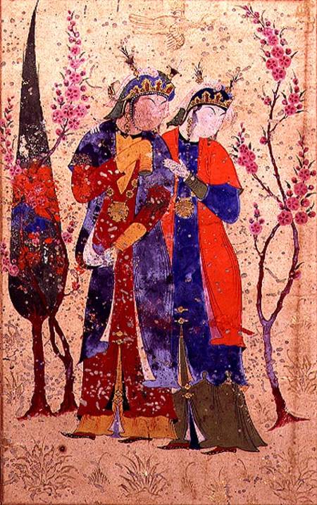 Two princesses in a garden landscape, Persian, Bokhara a Anonimo
