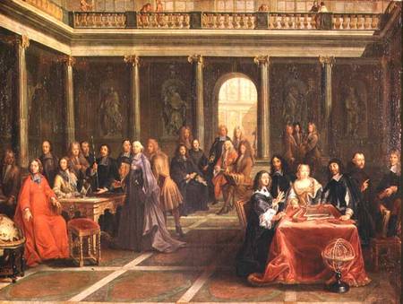 Queen Christina of Sweden (1626-89) surrounded by courtiers and men of learning a Anonimo