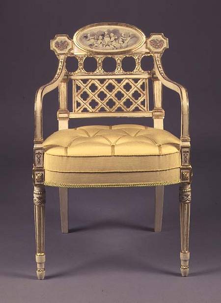 Recency armchair, cream-painted,parcel-gilt frame with grisaille painting of cherubs on oval tablet a Anonimo