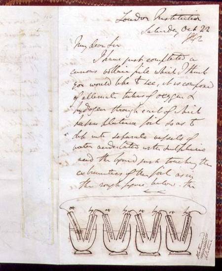 RI MS F1I f.104 Letter from Sir William Grove to Michael Faraday describing and illustrating the fir a Anonimo