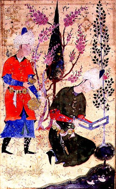 A seated prince reading whilst a servant serves wine, Persian, Bokhara School a Anonimo