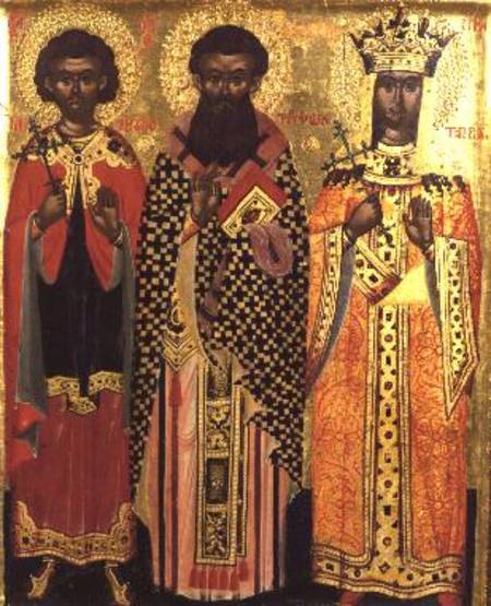 SS. Mercurios, Tryphon and Katherine,icon from the Ionian Isles a Anonimo