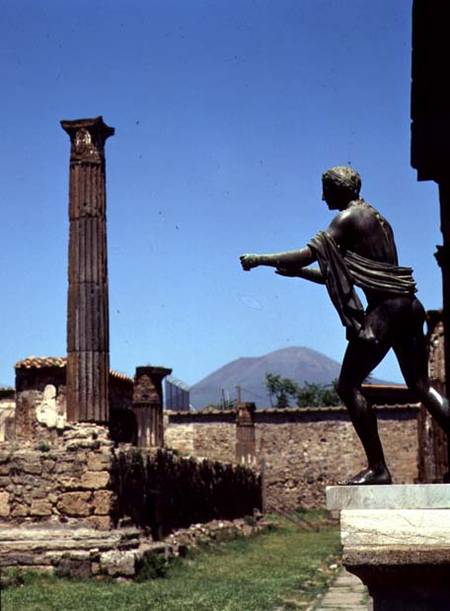 Statue of Apollofrom the Temple of Apollo with Vesuvius in the background a Anonimo