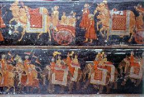 Detail from two painted wood panels depicting processions with soldiers, carriages, oxen and elephan