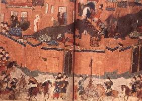 Ms.Sup.pers.1113.f.180v-181 Mongols storming and capturing Baghdad in 1288 (manuscript)