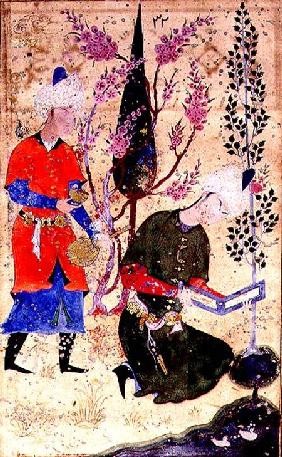 A seated prince reading whilst a servant serves wine, Persian, Bokhara School