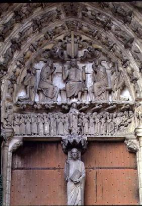 South Portal tympanum depicting Christ Enthroned with a Beau Christ figure on the trumeau below