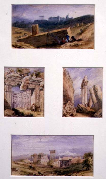 Four Views of Baalbeck, Lebanon: Top, General View of the Temples; Mid left, Temple of Bacchus; Mid a Anonimo