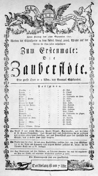Poster advertising the premiere of 'The Magic Flute' by Wolfgang Amadeus Mozart at the Freihaustheat a Anonymus