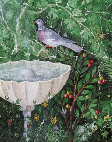 Wall painting of a dove in a garden by a fountain a Anonymus