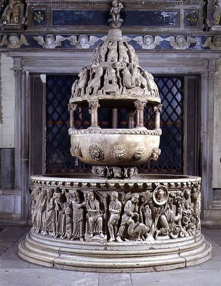 Font in the form of a fountain covered by a tempietto and with carved reliefs depicting the Story of a Anonymus