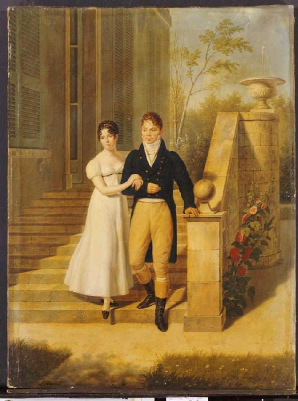 Ein vornehmes Paar auf den Stufen eines Schlosses. a Anthelme Francois Lagrenée