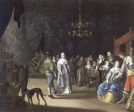 The Banquet, a couple dancing with feasting and revelling in the background a Anthonie Palamedesz