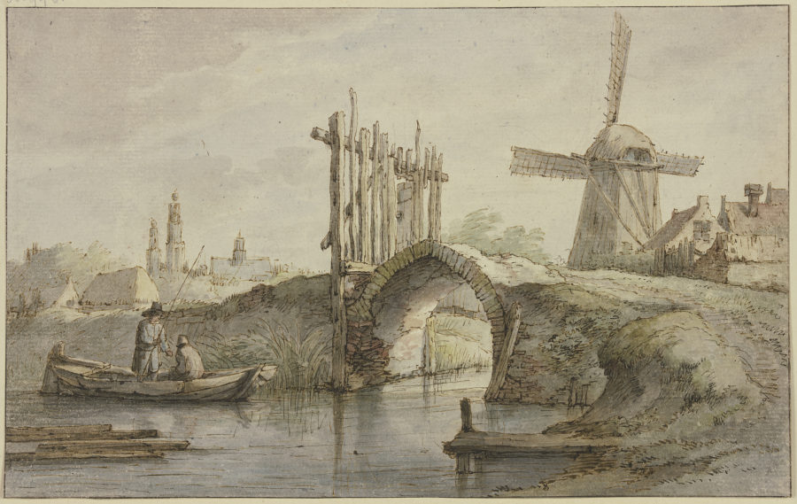 Abgegatterte spitzbogige Kanalbrücke, rechts eine Windmühle, links in einem Kahn zwei Angler a Anthonie van Borssom
