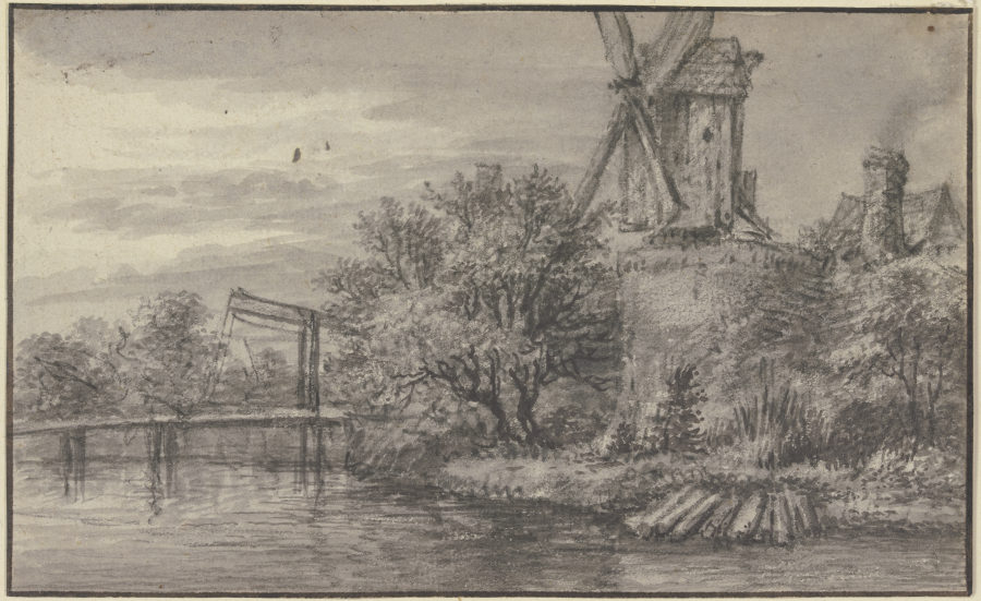 Windmühle an einem Kanal, über welchen eine Zugbrücke führt a Anthonie Waterloo