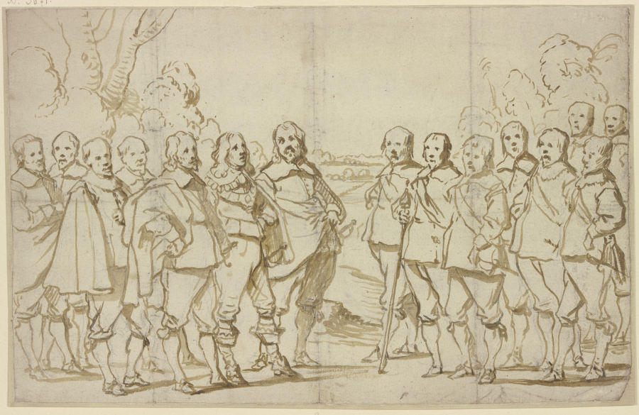 Eine Versammlung von vielen Männern, alle in Schuhen und Strümpfen, nur einer in Stiefeln a Anthonis van Dyck