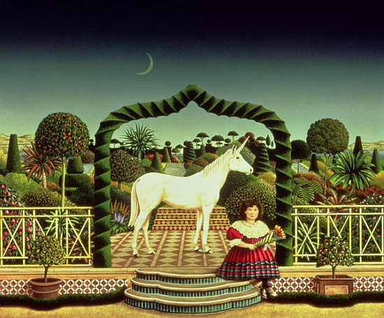 Girl with a Unicorn, 1980 (acrylic on board)  a Anthony  Southcombe