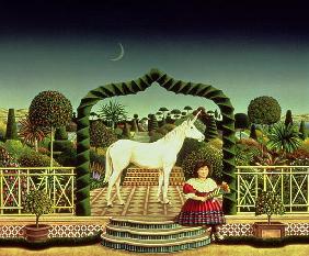 Girl with a Unicorn, 1980 (acrylic on board) 