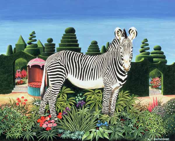 Zebra in a Garden, 1977 (acrylic on board)  a Anthony  Southcombe