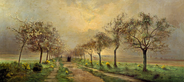 Blossoming fruit-trees in the early morning mist a Antoine Chintreuil