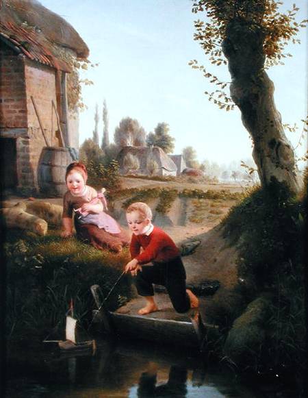 Two children playing with a boat a Antoine de Bruycker