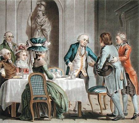 The Comte de Vaux (1705-88) offers food and drink to a farmer, engraved by Jean Baptiste Morret (fl. a Antoine Louis Francois Sergent-Marceau