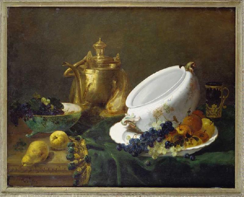 Quiet life with brass can, soup tureen and fruit. a Antoine Vollon