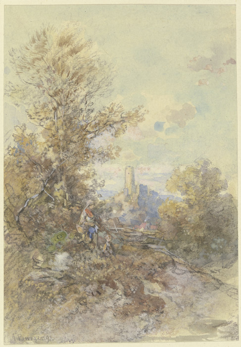 Landschaft mit Bäuerin, Kind und der Ruine Eppstein a Anton Burger