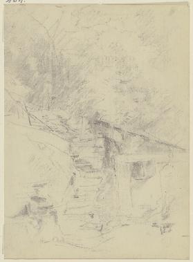 Schuppen und Treppe, Wald im Hintergrund