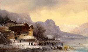Mountains sea in winter with ice-skaters a Anton Doll