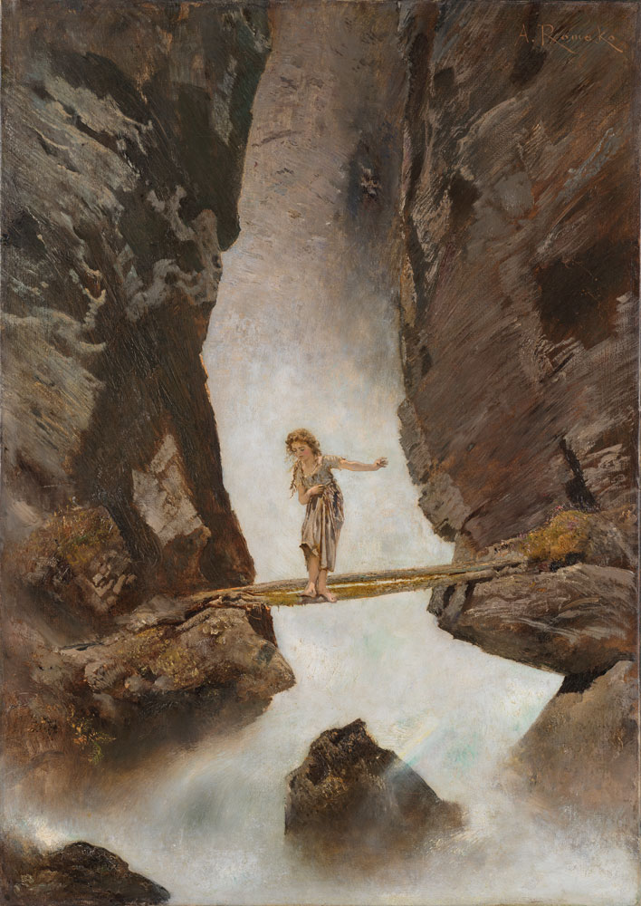 Girl crossing a mountain torrent a Anton Romáko